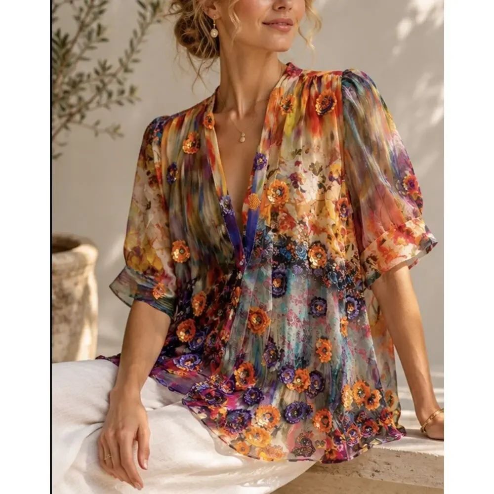 Opening Ceremony 100% Silk Sheer Floral Sequin Applique Blouse Top XS